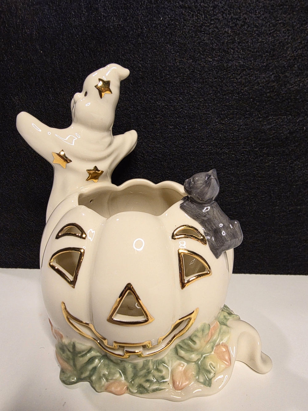Lenox Cream and Gold Halloween Pumpkin Votive with Gray Cat and Ghost